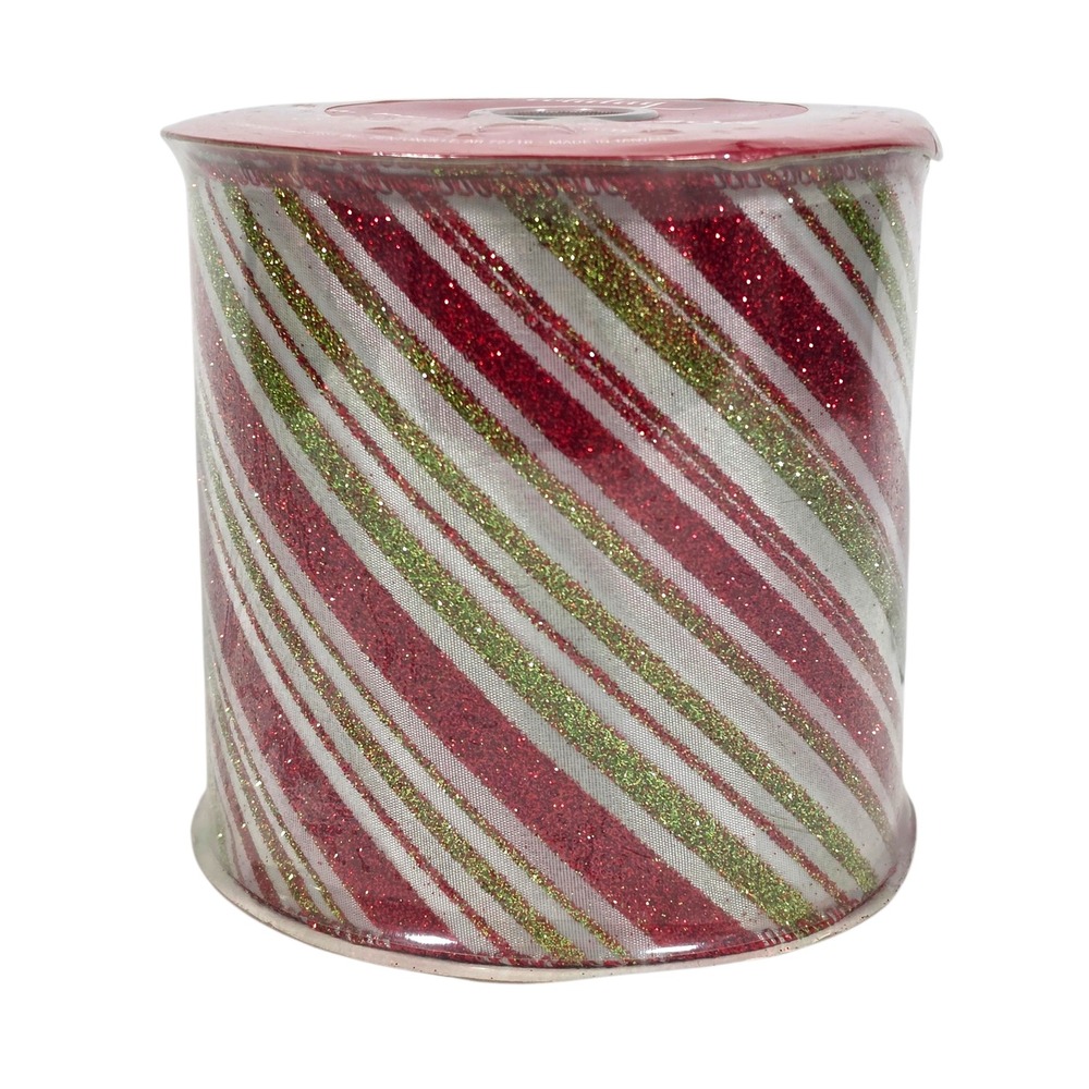 Sams Club Premium 5" Wired Ribbon 25 Yds Red‎ Green Glitter Striped  Christmas